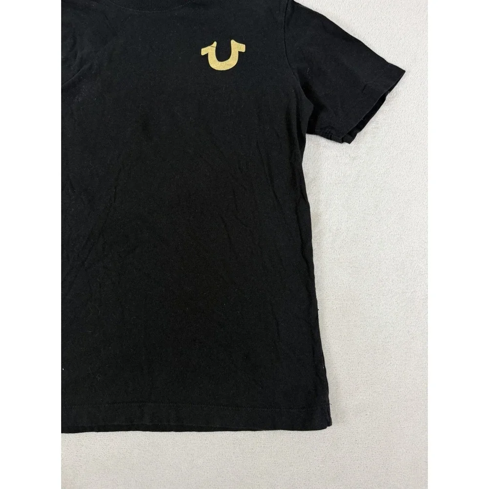 True Religion Mens Black Crew Neck T-Shirt Gold Metallic Horseshoe Logo Small